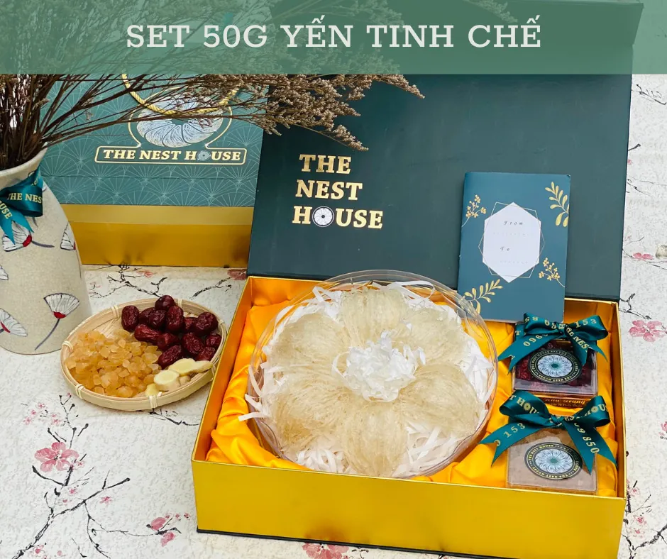 Set 50g tổ yến tinh chế sợi dài 5 tổ kèm táo đỏ